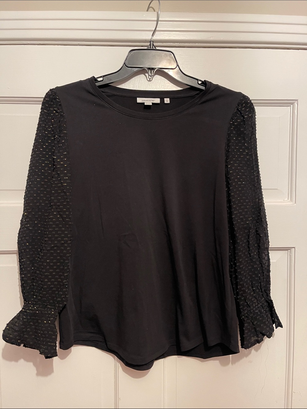 Chico's Black Long Sleeve Top with Textured Sheer Sleeves